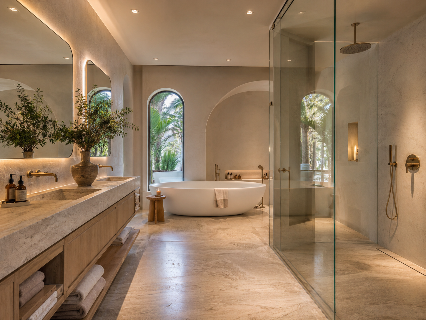 Baño spa de lujo con travertino y ventanas en arco — Architak Design