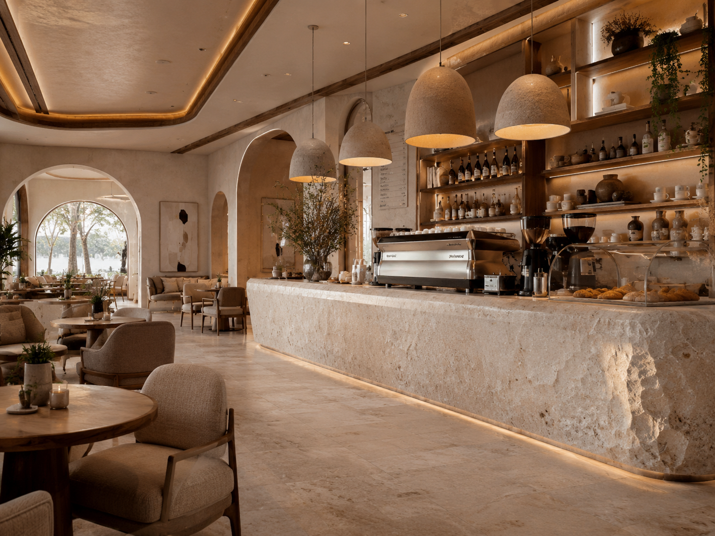 Cafetería cálida y espacio social con barra de piedra natural — Architak Design