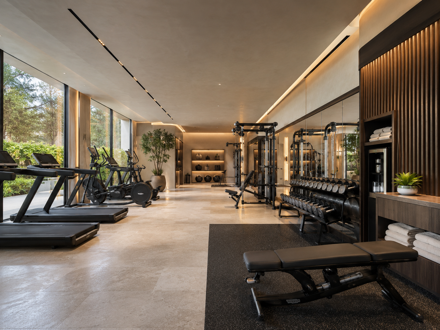 Gimnasio privado de alta gama con ventanales de piso a techo — Architak Design