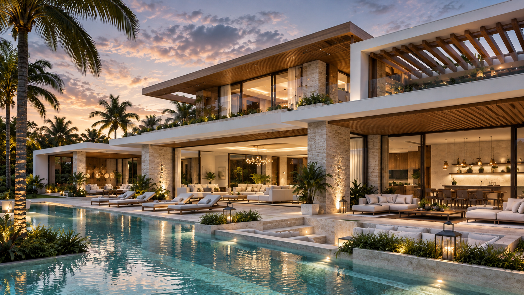 Villa contemporánea con piscina infinita rodeada de palmeras